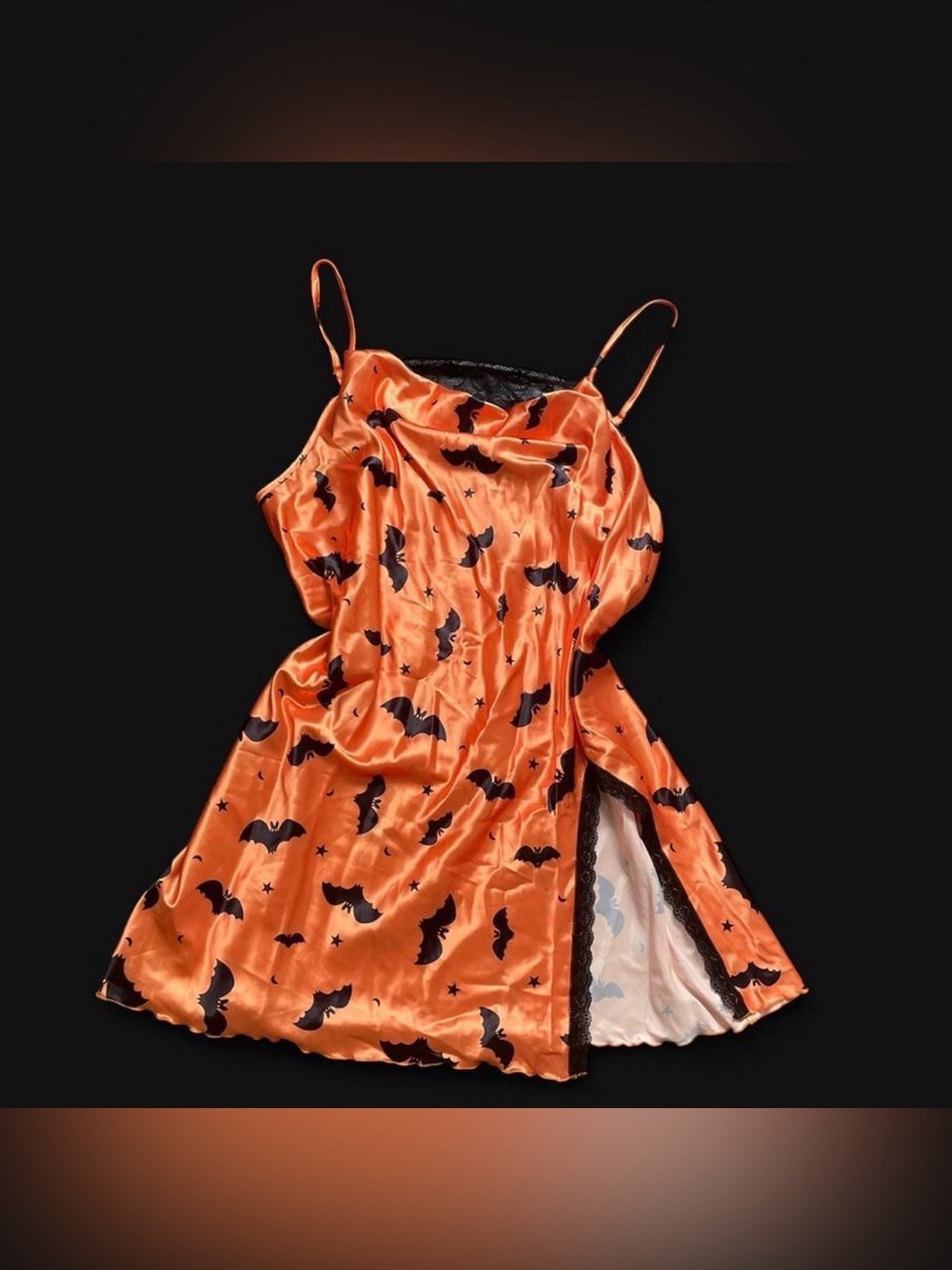 Orange Halloween lingerie dress with black bats and stars